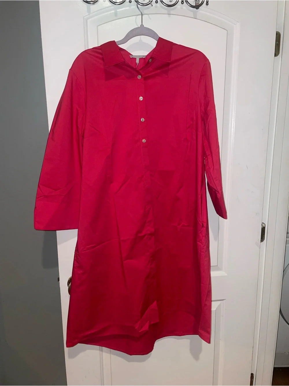 HINSON WU Button-Front Midi Shirt Dress in Bright Pink/Red
